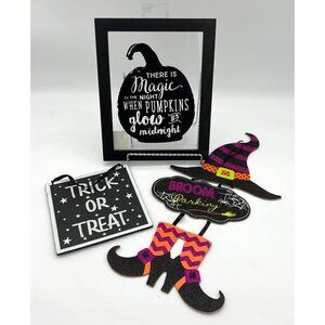 Halloween Decor Bundle: Framed Pumpkin Print Trick Or Treat Sign Broom Parking W